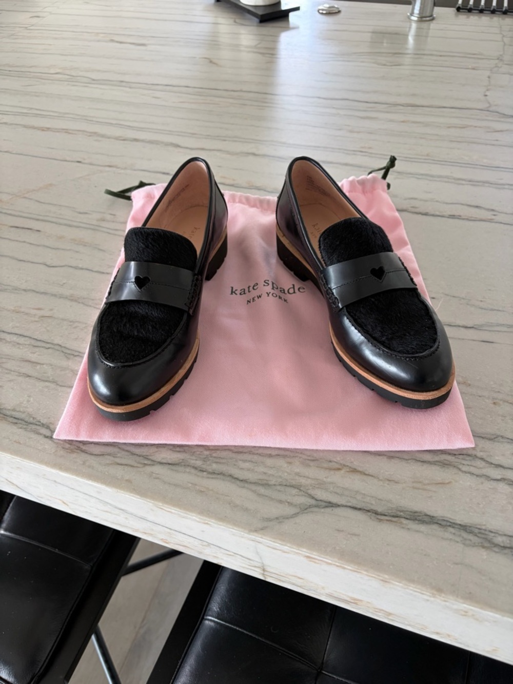 Kate Spade Black Leather & Haircalf Heart Penny Loafers with Tan Trim